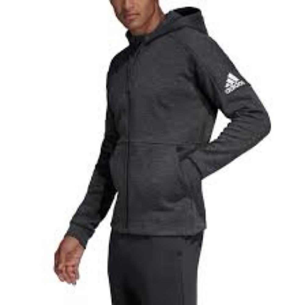 Adidas Essentials Full Zip Hoodie Men’s L Charcoal Mélange Logo Sleeve